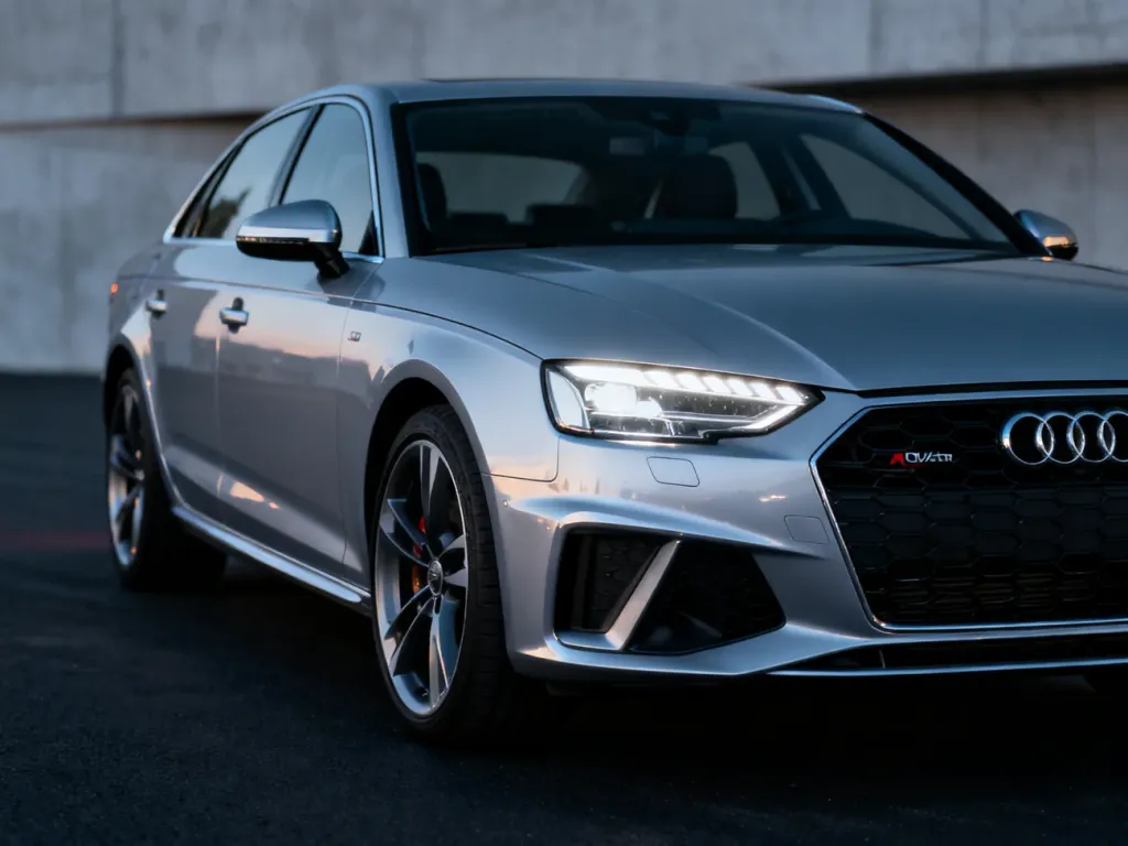 Srebrne Audi A4 Quattro w profesjonalnym oświetleniu studyjnym, eksponujące detale przedniego grilla i reflektorów LED.