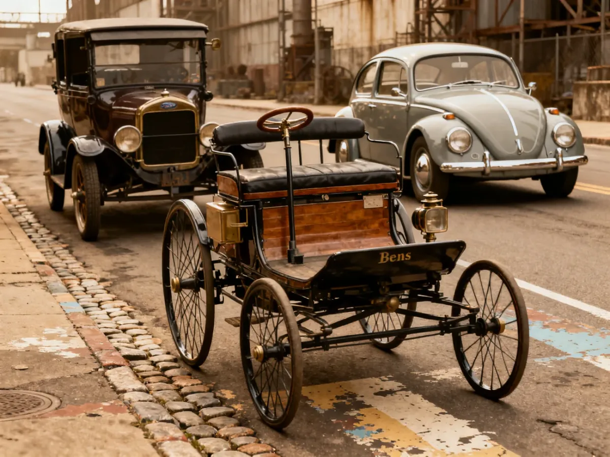 Zabytkowy Benz Patent-Motorwagen wraz z Fordem Model T i Volkswagenem Garbusem
