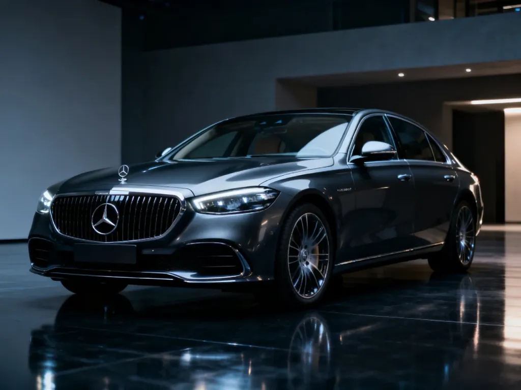 Nowoczesny sedan Mercedes-Benz klasy E zaparkowany w minimalistycznym studiu, podkreślający jego elegancką sylwetkę.