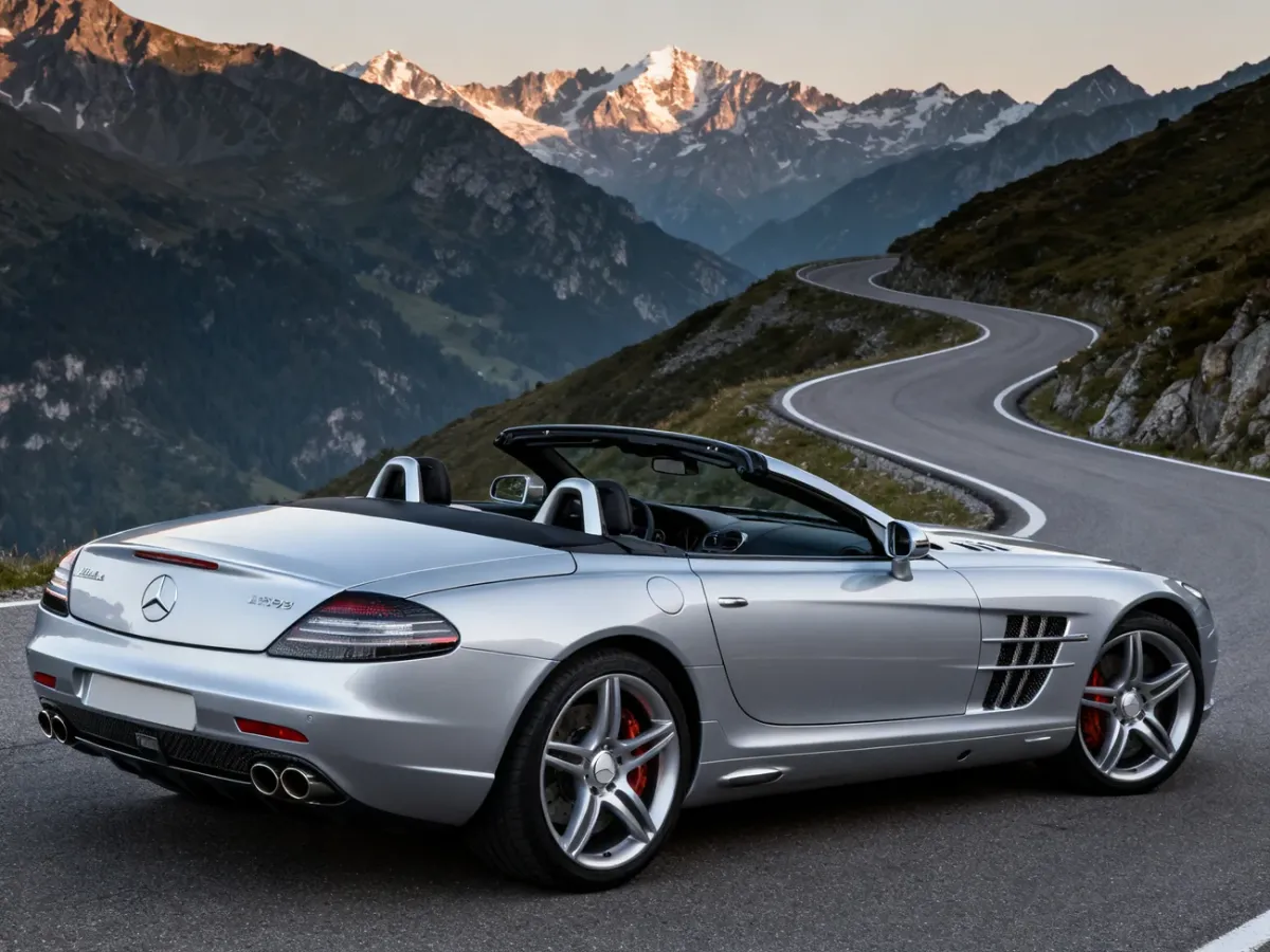 Srebrny Mercedes-Benz SLR McLaren Roadster R199 na górskiej drodze