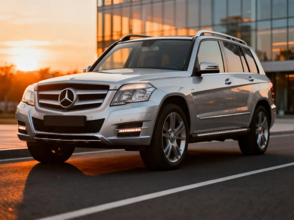 Srebrny Mercedes GLK X204 zaparkowany na tle nowoczesnego budynku w świetle zachodzącego słońca.