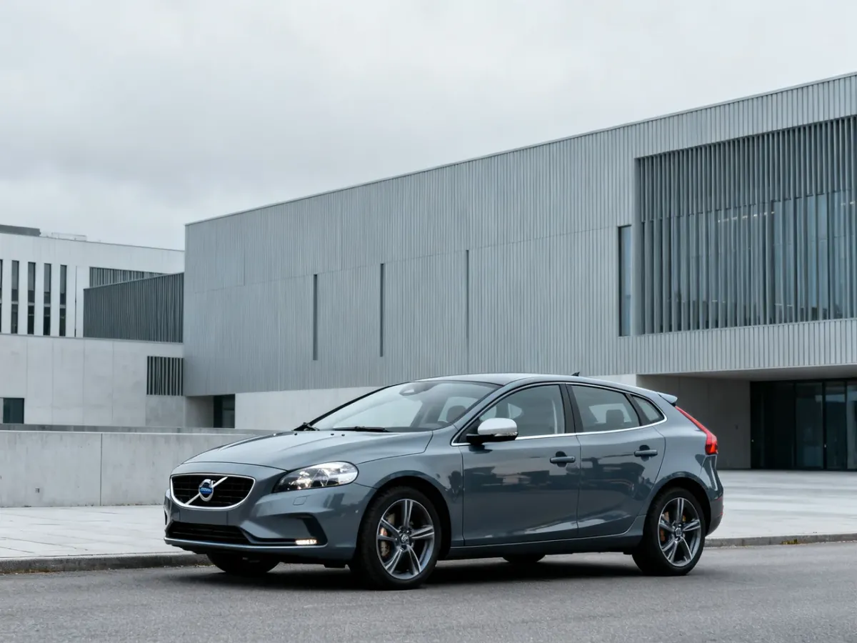 Srebrne Volvo V40 w ujęciu trzy czwarte na tle skandynawskiej architektury