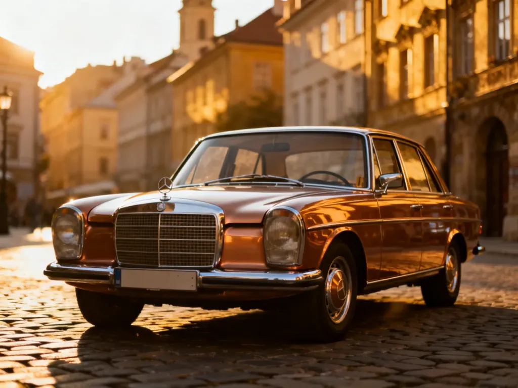 Zadbany klasyczny Mercedes W115 zaparkowany na brukowanej ulicy w historycznym centrum europejskiego miasta.