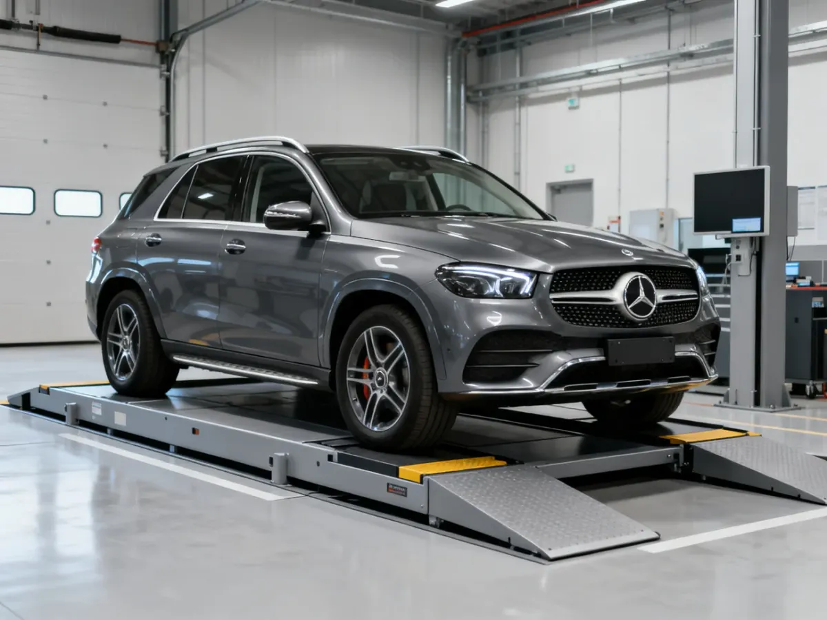 Mercedes GLE na stanowisku pomiaru masy w stacji kontroli pojazdów