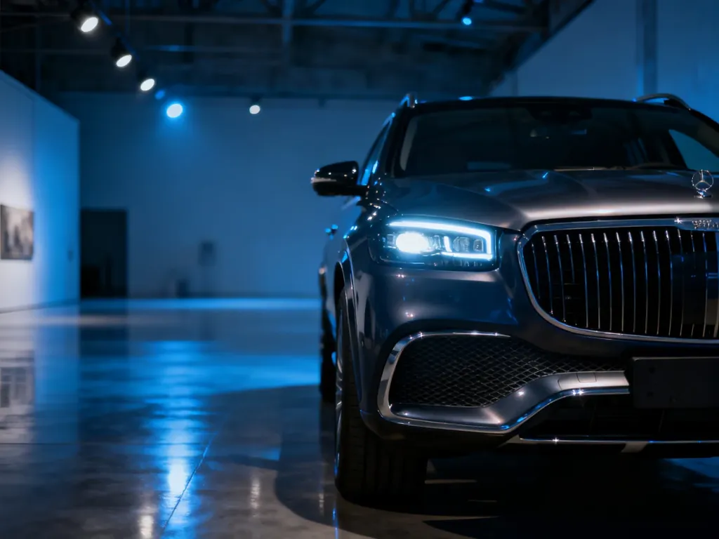 Nowoczesny Mercedes GLE zaparkowany w minimalistycznym studiu, wyeksponowany w nastrojowym oświetleniu.