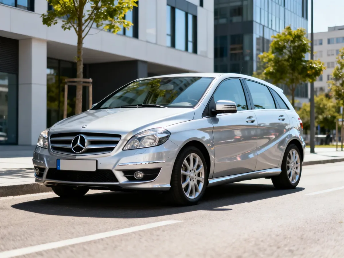 Srebrny Mercedes A-Klasa W176 A200 zaparkowany na miejskiej ulicy