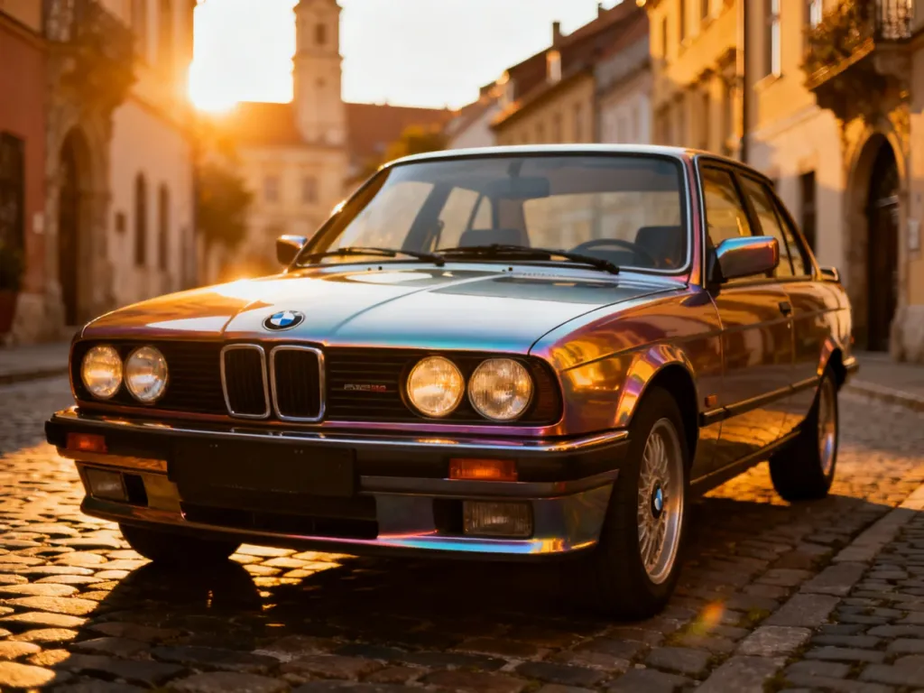 Klasyczne BMW E30 zaparkowane na brukowanej uliczce w historycznym europejskim mieście podczas złotej godziny.