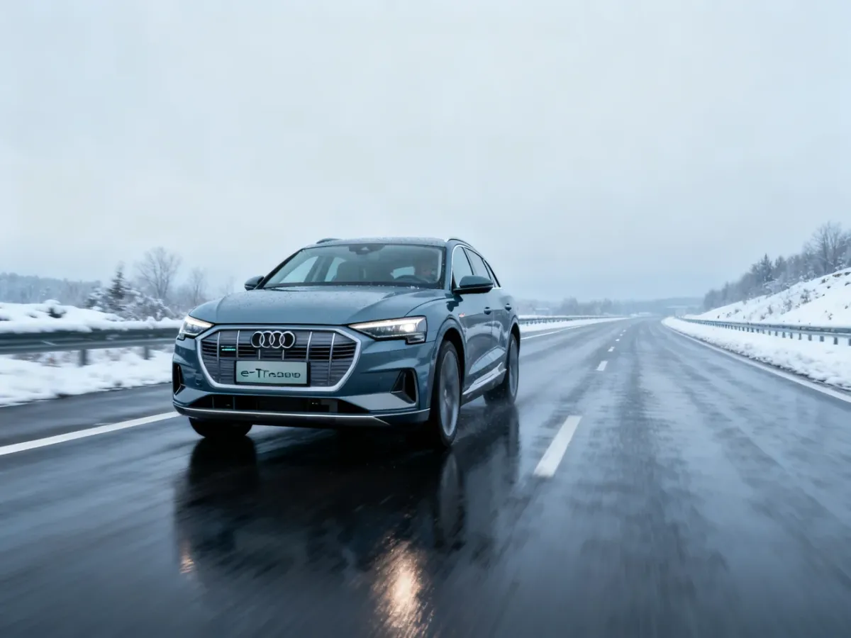 Audi e-tron quattro jadące zimą po mokrej autostradzie