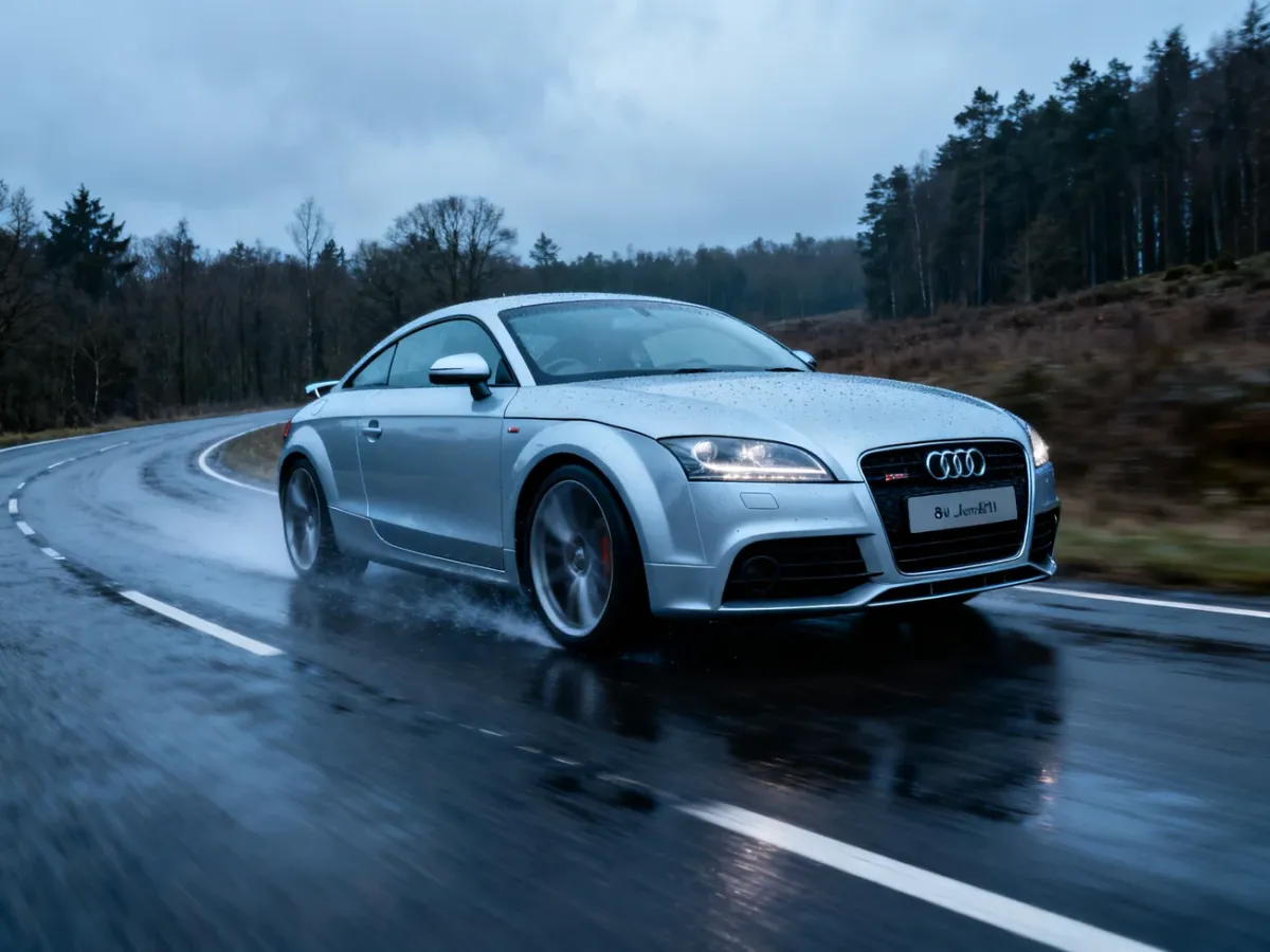 Srebrne Audi TT 8N Quattro na mokrej, krętej drodze