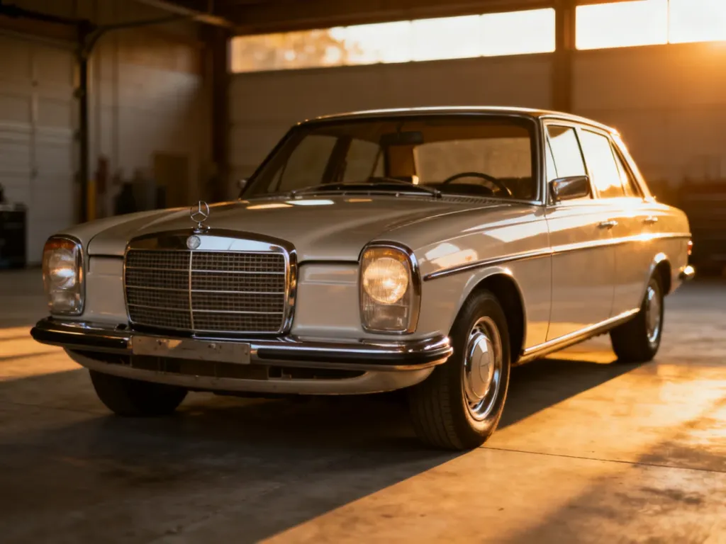 Klasyczny sedan Mercedes W114 w idealnym stanie, zaparkowany w minimalistycznym garażu w świetle zachodzącego słońca.