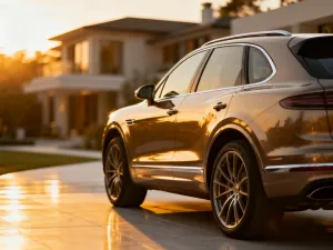 Srebrny sedan Volvo zaparkowany na nowoczesnym podjeździe podczas zachodu słońca, podkreślający elegancki skandynawski design.