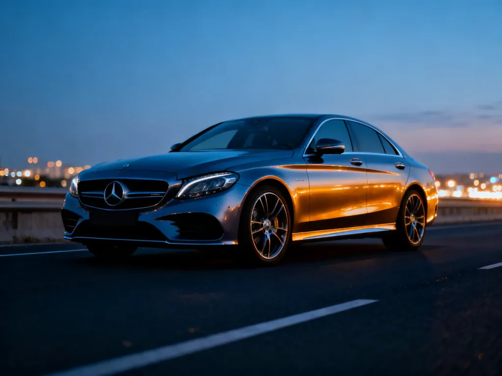 Nowoczesny Mercedes-Benz zaparkowany na miejskiej drodze o zmierzchu, podkreślający aerodynamiczną sylwetkę pojazdu.