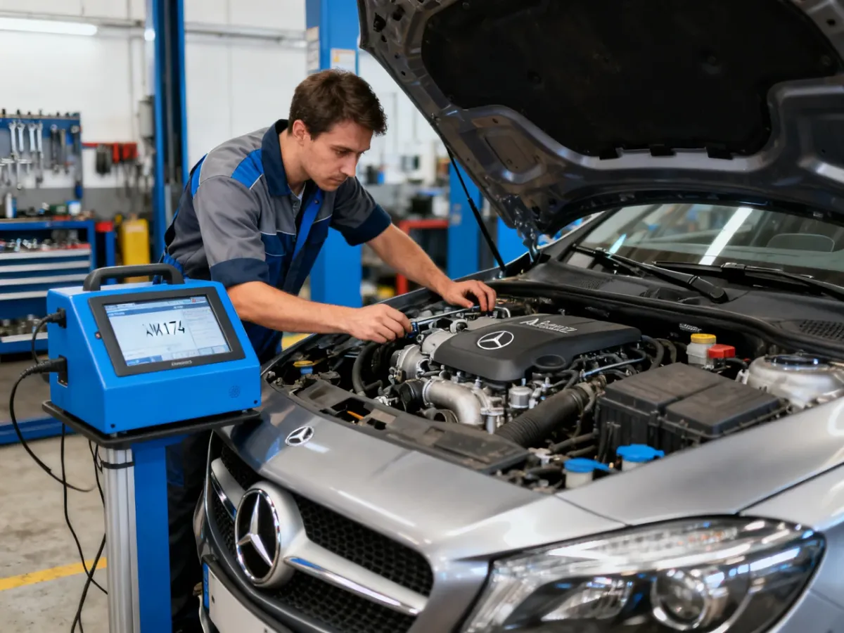 Mechanik sprawdzający silnik Mercedesa W176 podczas diagnostyki przed zakupem