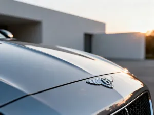 Nowoczesny samochód marki Toyota zaparkowany na tle miejskiej architektury w świetle zachodzącego słońca.