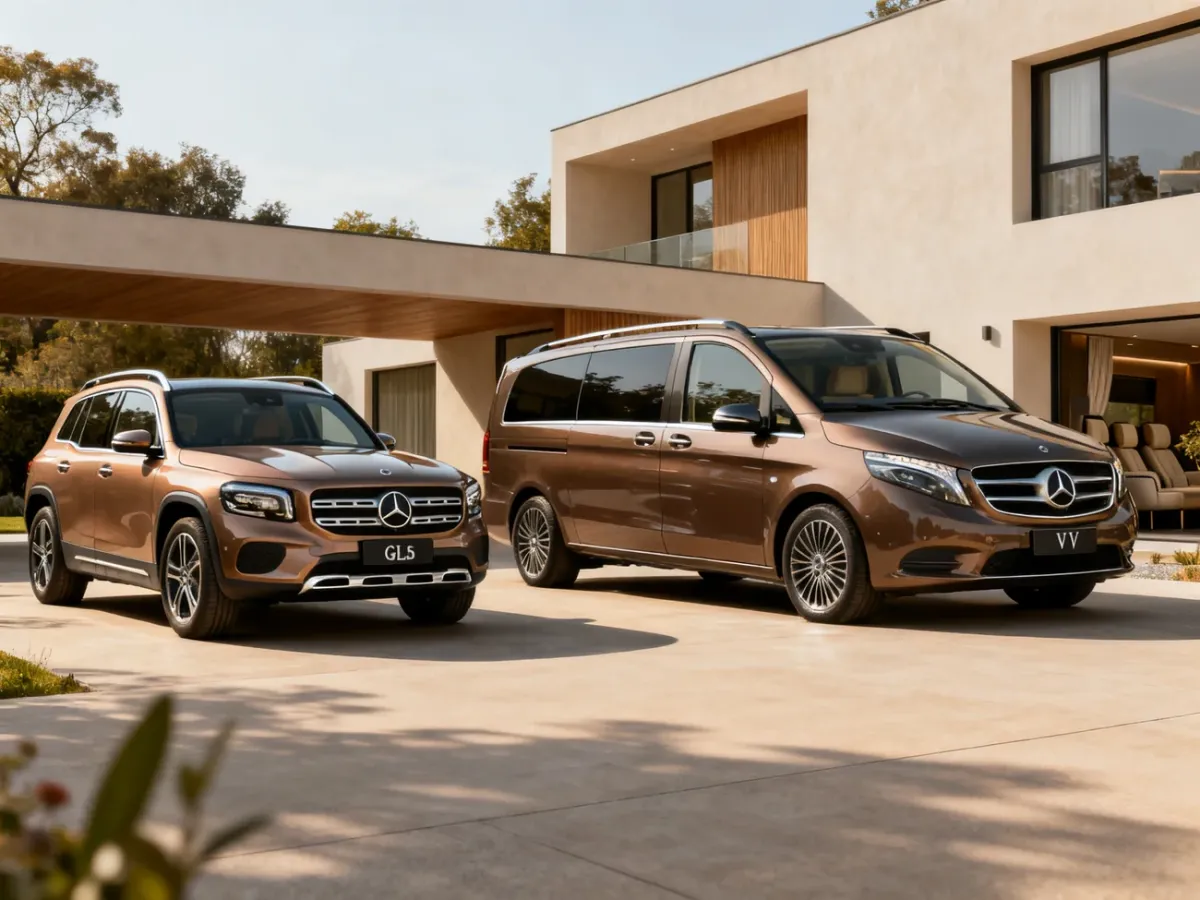 Mercedes GLB, GLS i Klasa V zaparkowane obok siebie