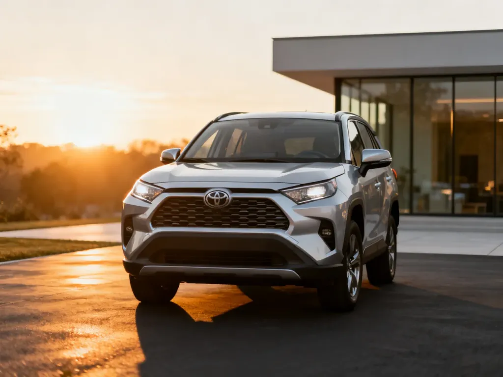 Nowoczesny srebrny SUV marki Toyota zaparkowany na podjeździe przed minimalistycznym domem w świetle zachodzącego słońca.