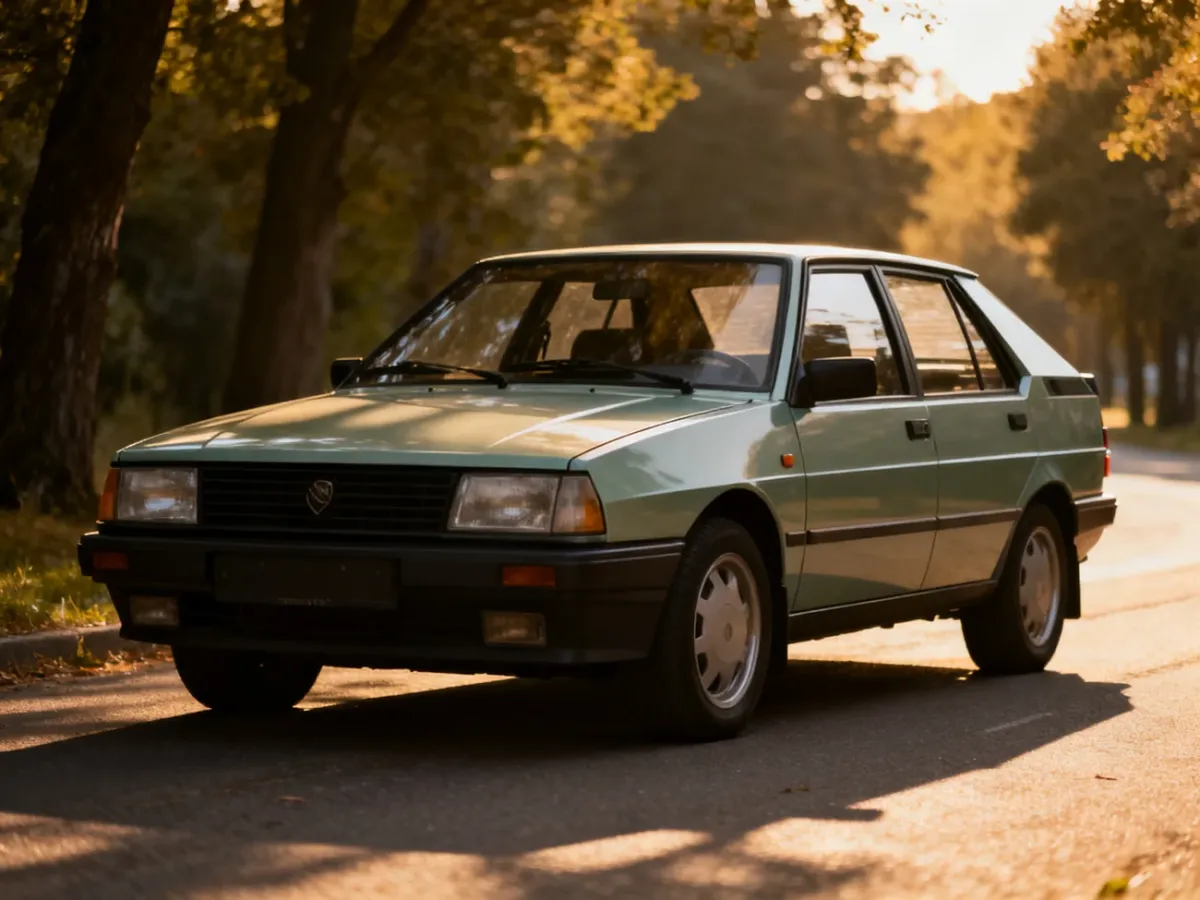 Zadbany samochód youngtimer z lat 90. na spokojnej drodze