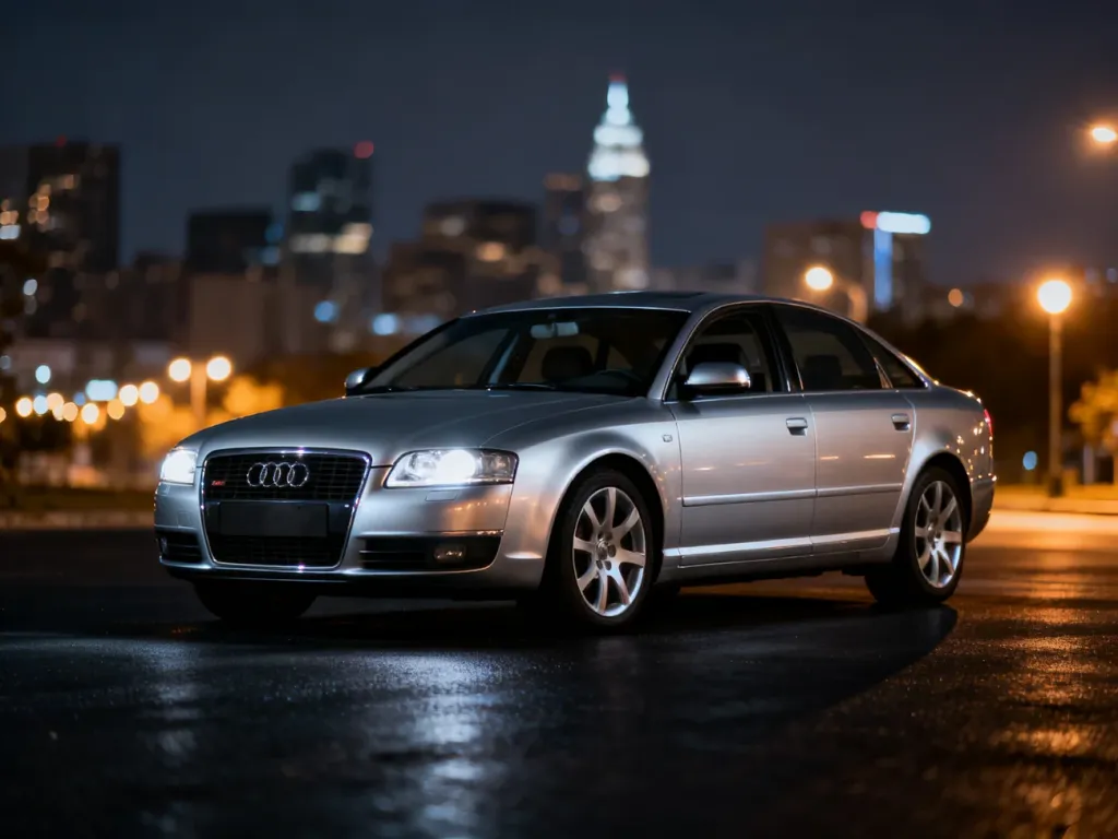 Srebrne Audi A6 C6 zaparkowane na tle nocnego miasta, prezentujące aerodynamiczną sylwetkę i nowoczesne reflektory.