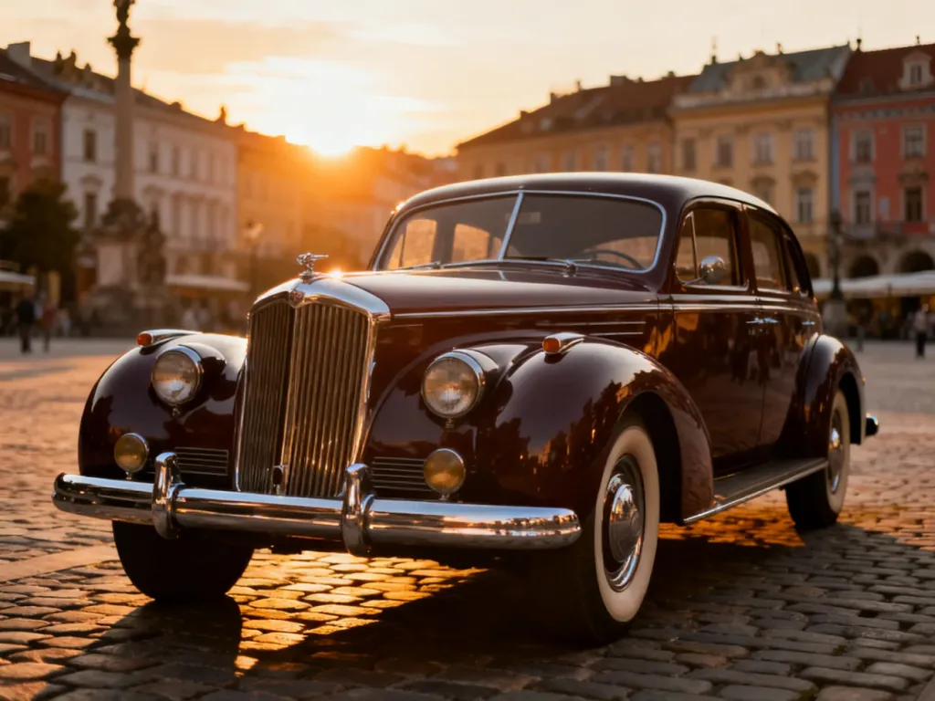 Luksusowy sedan z lat 40. zaparkowany na brukowanej uliczce w blasku zachodzącego słońca.