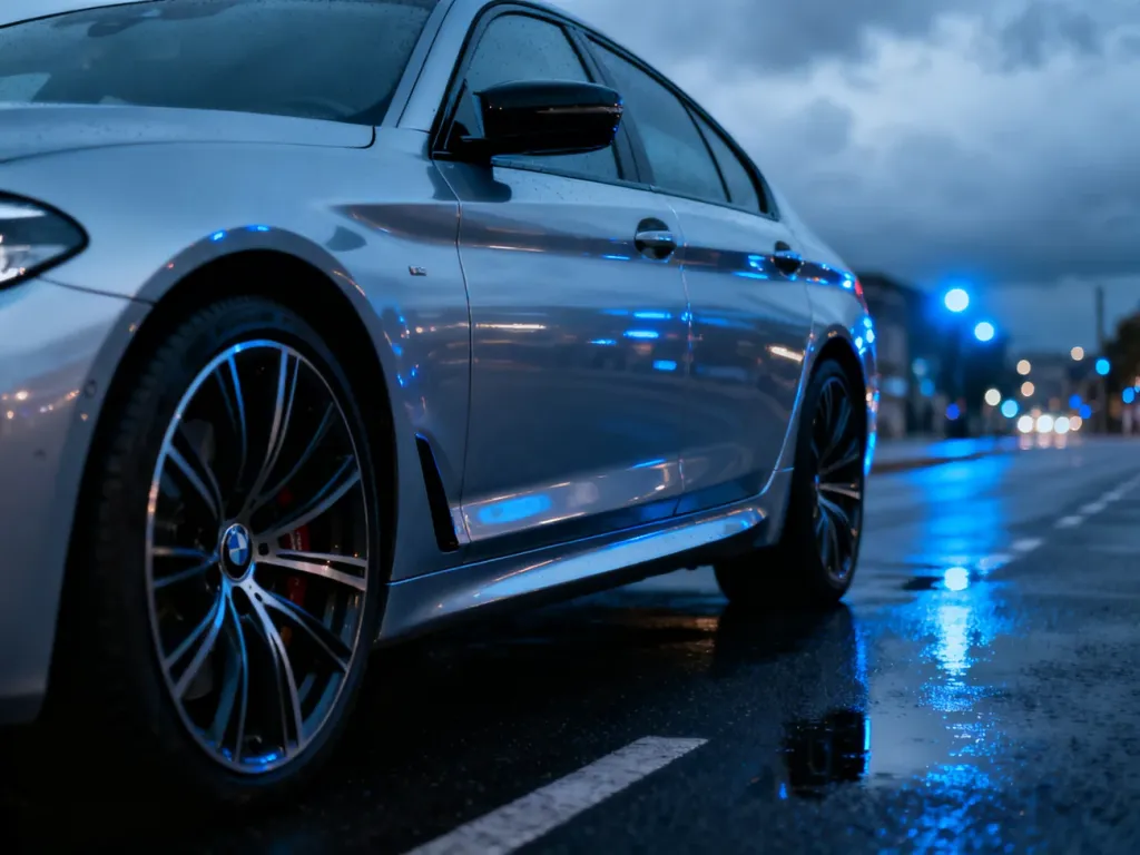 Boczny profil Audi B8 zaparkowanego na mokrym asfalcie w wieczornej scenerii miasta.
