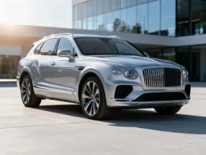 Srebrny Mercedes GLE 450d zaparkowany na tle nowoczesnego biurowca w świetle zachodzącego słońca.