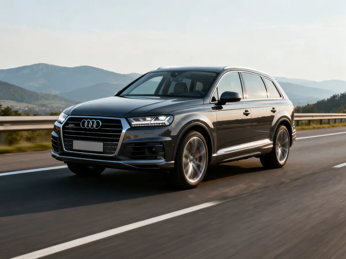 Nowe Audi Q7 jadące europejską drogą w malowniczej scenerii