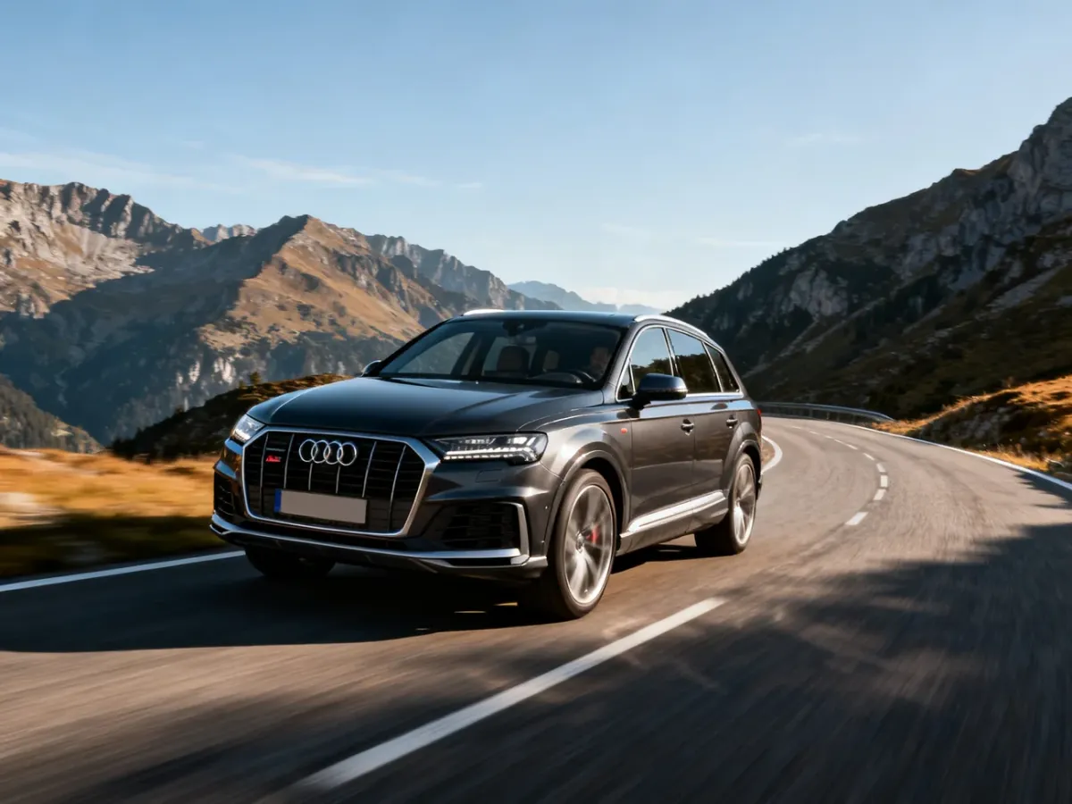 Audi SQ7 dynamicznie pokonujące górską drogę