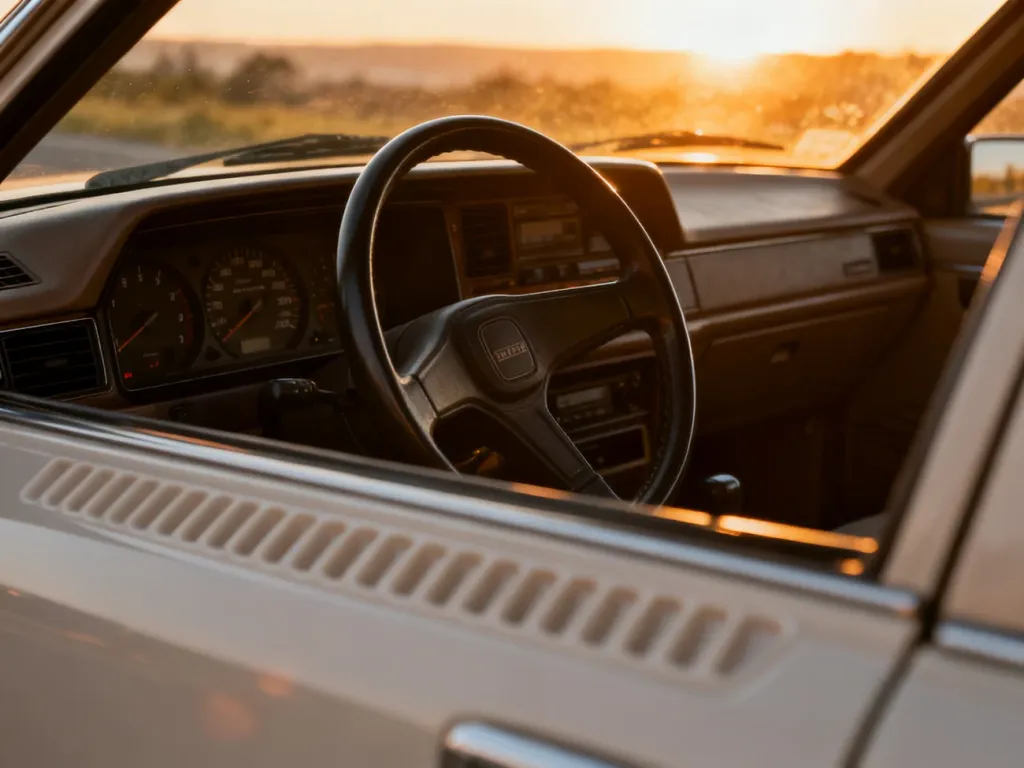 Zadbana deska rozdzielcza klasycznego samochodu z lat 90. w świetle zachodzącego słońca, podkreślająca nostalgię za dawną motoryzacją.
