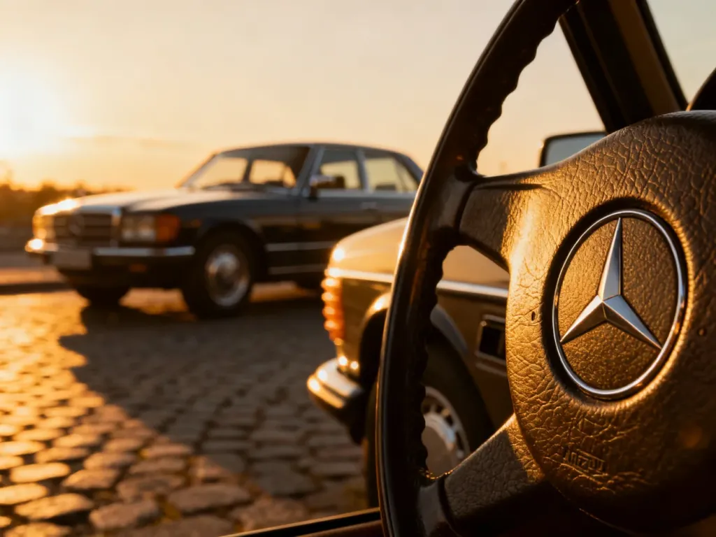 Zbliżenie na klasyczną kierownicę Mercedesa z logo marki w świetle zachodzącego słońca na tle zabytkowego auta.