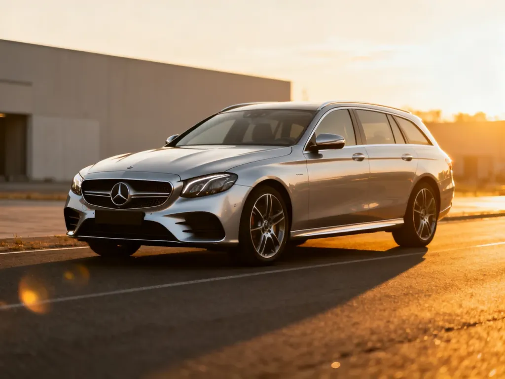 Srebrne kombi marki Mercedes-Benz zaparkowane na asfalcie w świetle zachodzącego słońca, podkreślającym nowoczesną linię nadwozia.