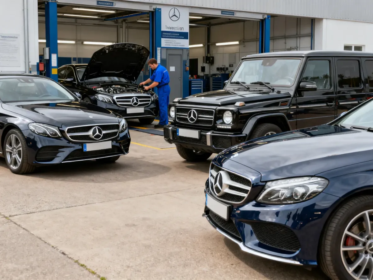 Kilka używanych modeli Mercedesa podczas oględzin w warsztacie