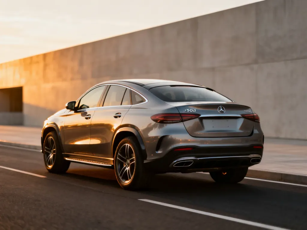Mercedes GLE 350d Coupe zaparkowany na nowoczesnej drodze w świetle zachodzącego słońca, podkreślającym jego sportową sylwetkę.