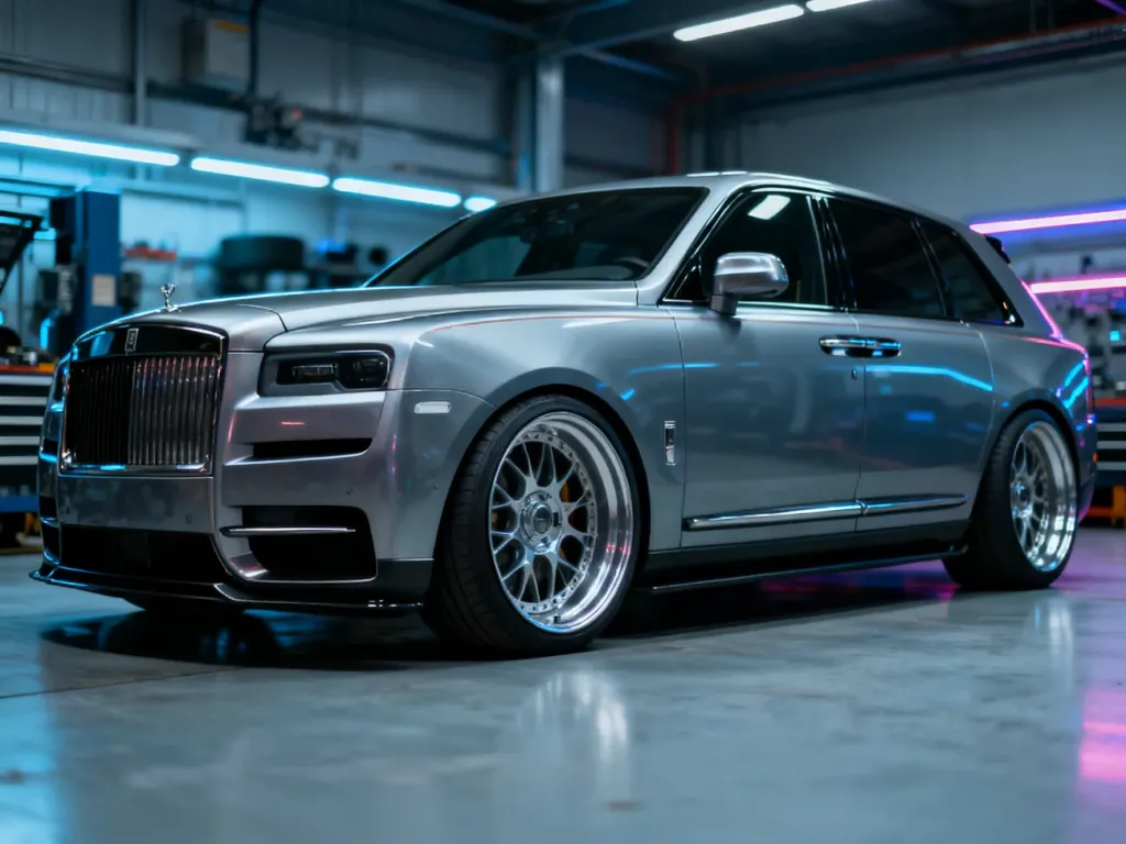 Zmodyfikowane Audi Q7 z obniżonym zawieszeniem i sportowymi felgami w profesjonalnym studiu.