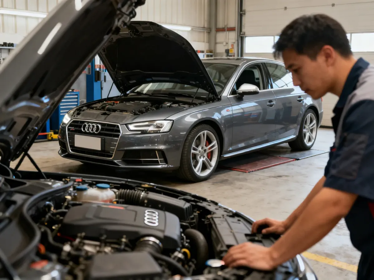 Używane Audi A4 quattro podczas kontroli silnika w warsztacie