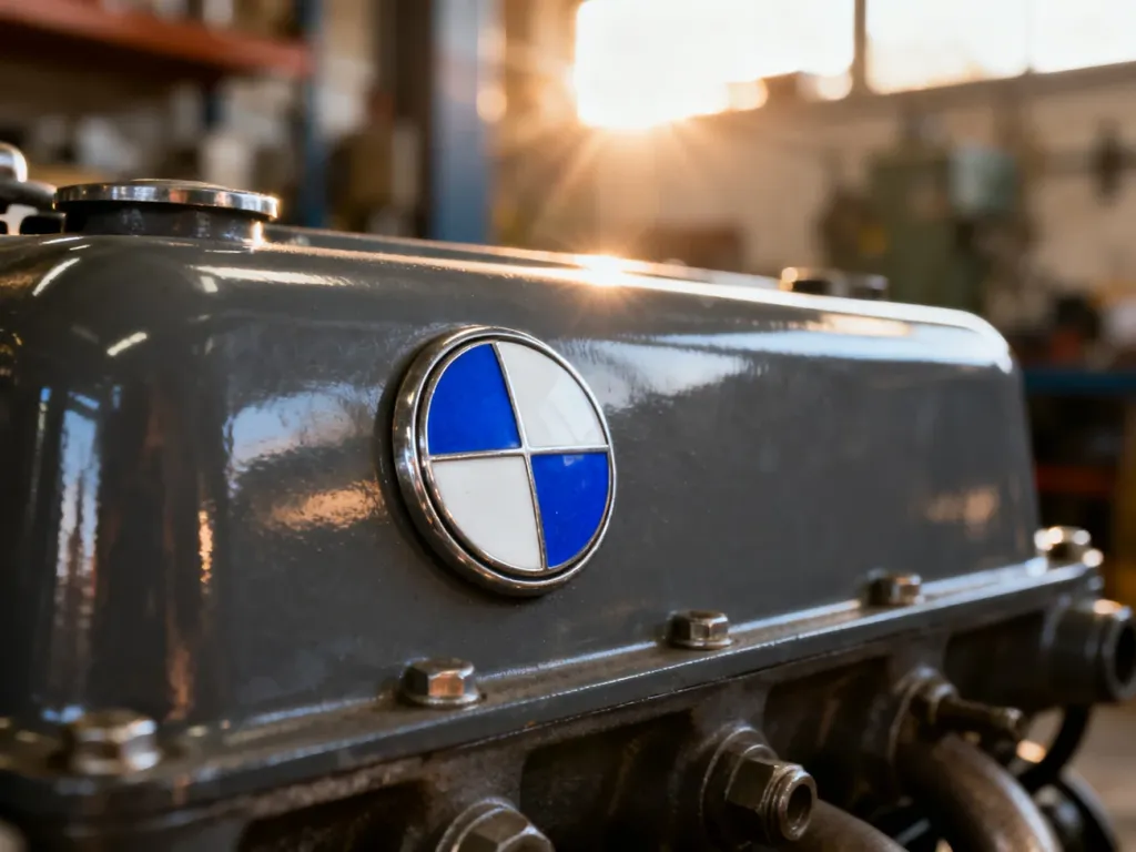 Zabytkowe, metalowe logo BMW zamontowane na bloku silnika w oświetlonym porannym słońcem warsztacie.