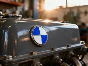 Klasyczny hatchback z lat 90. zaparkowany na spokojnej ulicy w promieniach jesiennego słońca.
