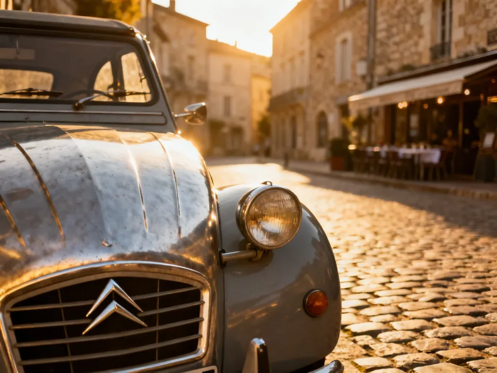 Klasyczny Citroën 2CV zaparkowany na brukowanej uliczce francuskiego miasteczka w promieniach zachodzącego słońca.