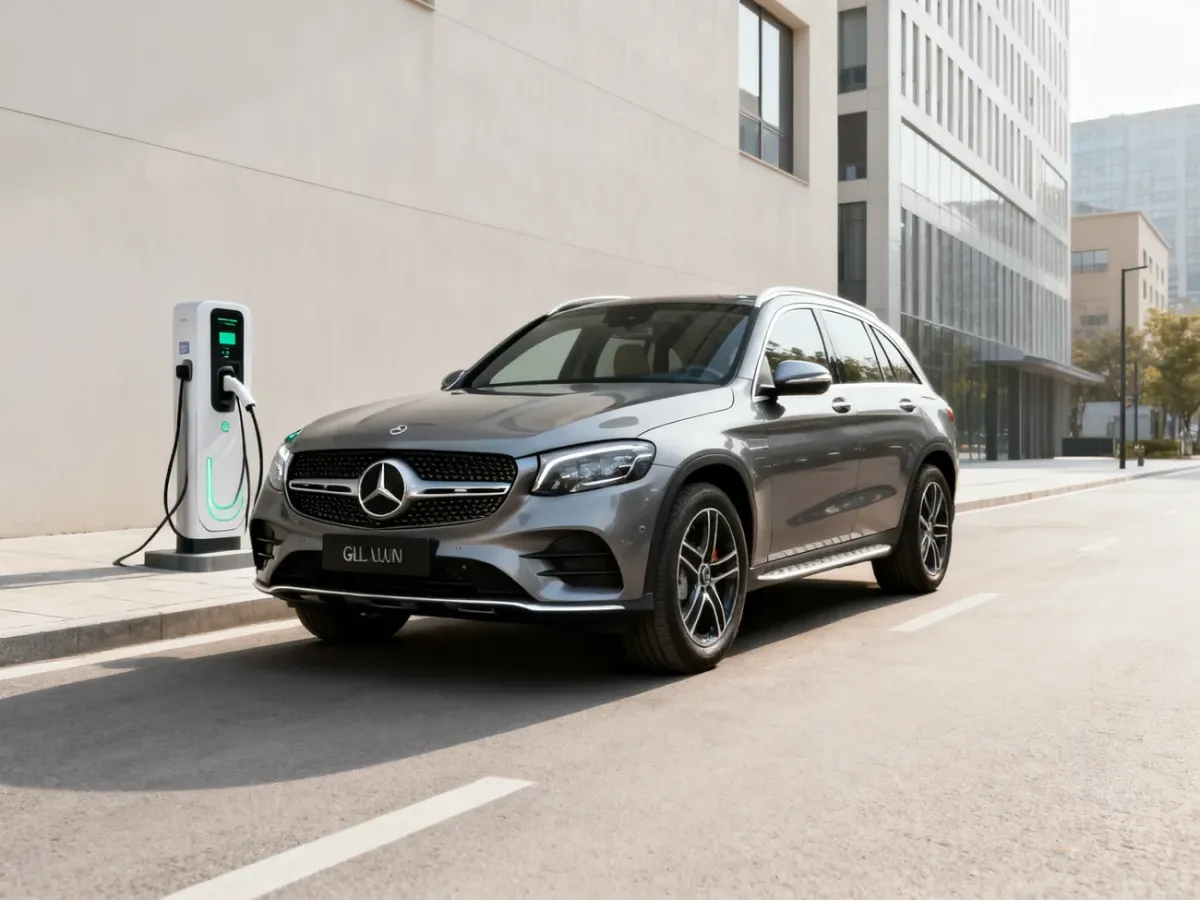 Mercedes GLC benzynowy zaparkowany w mieście obok stacji ładowania