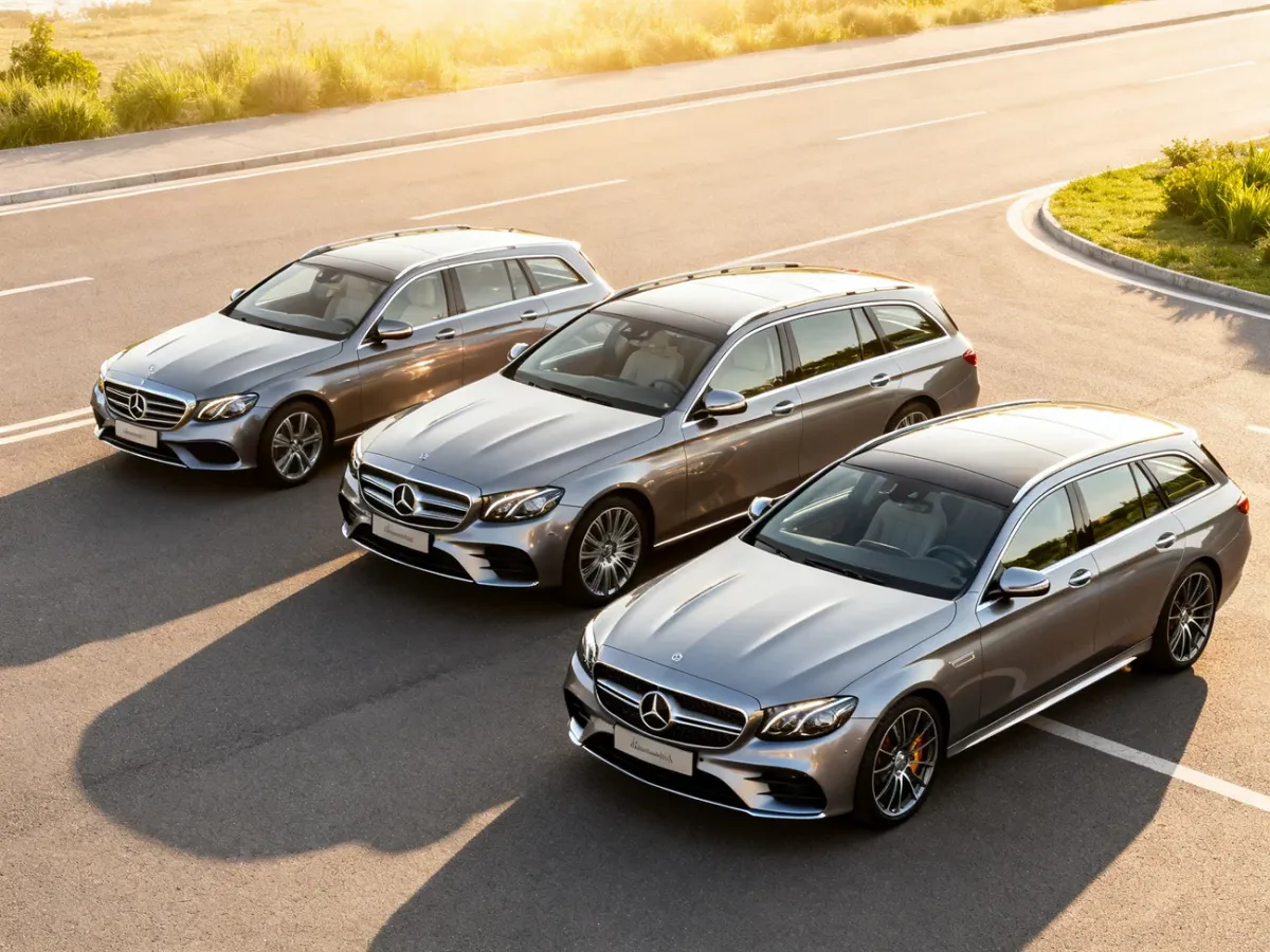 Trzy różne modele Mercedes kombi zaparkowane obok siebie