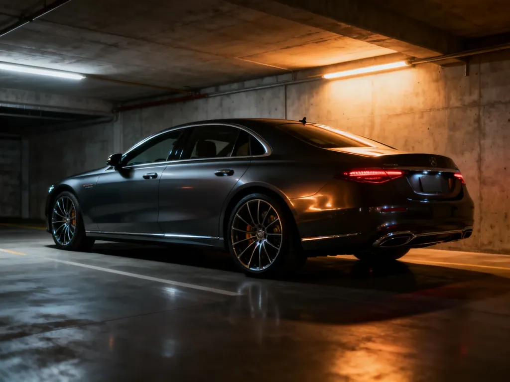 Nowoczesny sedan Audi A6 zaparkowany w podziemnym garażu, podkreślający elegancką sylwetkę i design pojazdu.