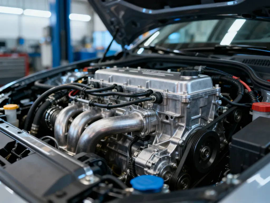 Zbliżenie na komorę silnika Audi A4 B6 z widocznymi podzespołami mechanicznymi w profesjonalnym warsztacie.