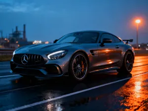 Srebrny SUV Audi Q5 zaparkowany na malowniczej górskiej drodze w świetle zachodzącego słońca.