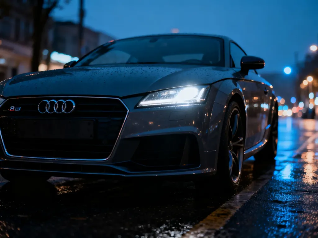 Srebrne Audi TT 8J zaparkowane na mokrym asfalcie o zmierzchu, z wyeksponowanym reflektorem LED i sportową sylwetką.