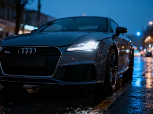 Pistolet dystrybutora paliwa wlewanego do baku nowoczesnego Mercedesa klasy A na tle podświetlonej deski rozdzielczej.