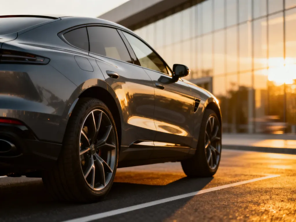 Ciemnoszary Mercedes GLE 400d 4MATIC Coupe zaparkowany na nowoczesnej drodze w świetle zachodzącego słońca.