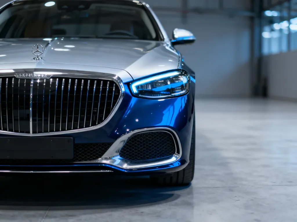 Zbliżenie na nowoczesny przód Audi A6 C6 z charakterystycznymi reflektorami i grillem w minimalistycznym studiu.