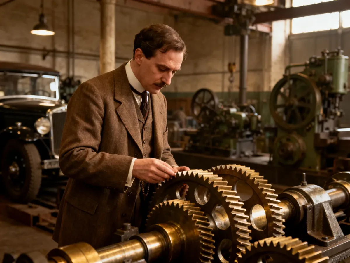 André Citroën examining steel herringbone gears in an early industrial workshop