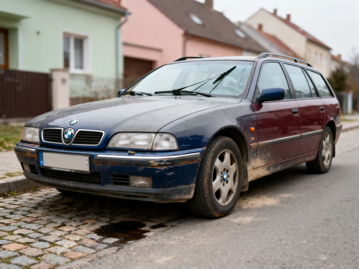 Starszy europejski youngtimer zaparkowany przy spokojnej ulicy
