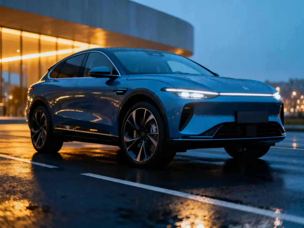 Nowoczesny SUV Mercedes GLE 350 de zaparkowany na mokrej nawierzchni o zmierzchu, podkreślający jego luksusowy design.
