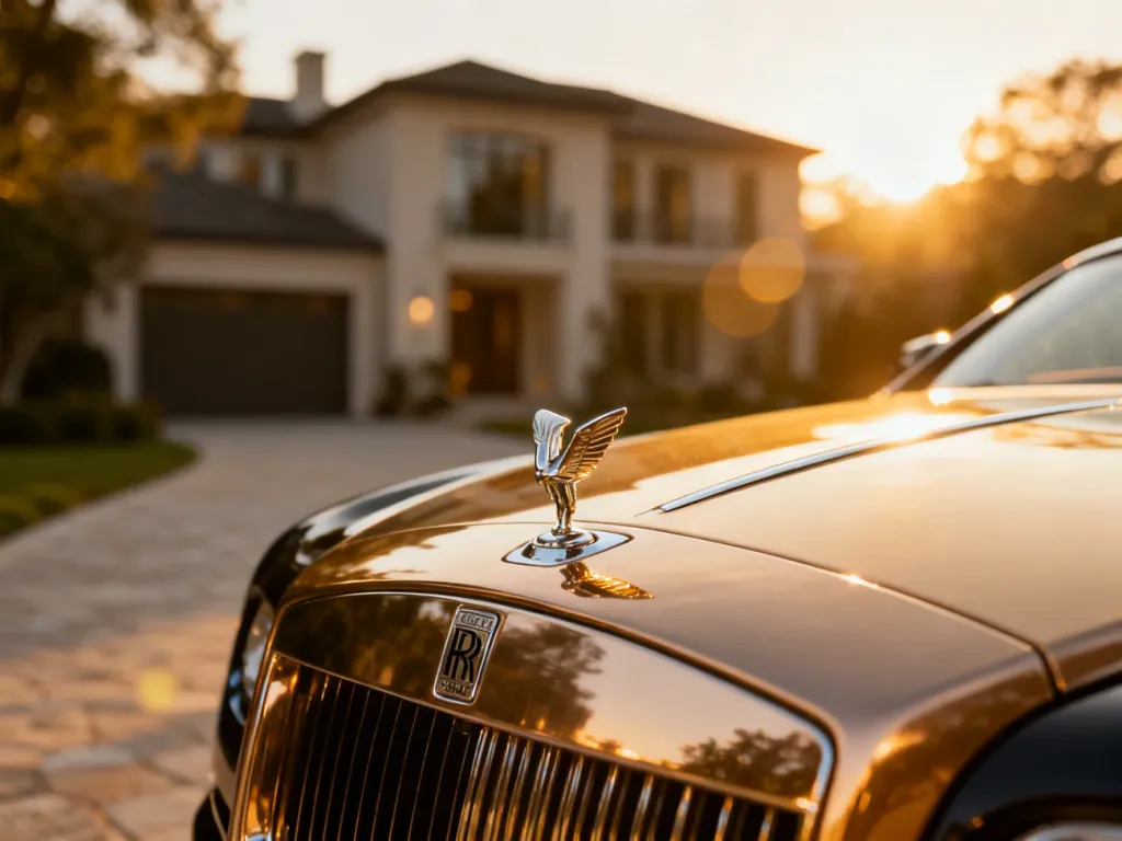 Zbliżenie na elegancki emblemat luksusowego kabrioletu Mercedes-Maybach na tle nowoczesnej rezydencji w świetle zachodzącego słońca.